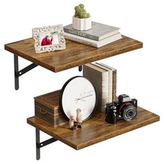 two tiered table with books, camera and other items on it's shelf