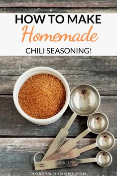 how to make homemade chili seasoning with spoons and measuring cups on a wooden table