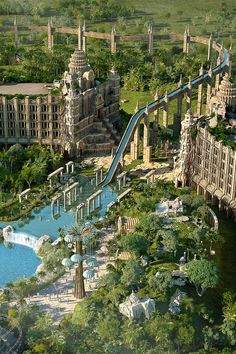 an artist's rendering of a water park in the shape of a castle with slides