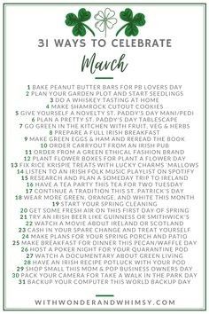 the 31 ways to celebrate march with shamrocks and clovers in green on white