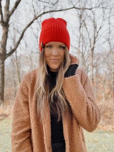 A classic everyday style for any outfit! All the warmth but no bulk. This beanie is a tighter fit, medium weight style. hand crocheted tighter stitch for extra warmth bright red 'Made in Minny' Faux Vegan Leather Tag in whiskey Medium weight, perfect for everyday 100% acrylic Spot clean if necessary, lay flat to dry Warm Solid Color Crochet Hat, Fitted Beanie For Cold Weather In Fall, Fitted Fall Beanie, Fitted Knitted Beanie For Fall, Winter Knit Crochet Hat, Fitted Soft Knit Beanie For Fall, One Size Winter Beanie For Fall, Winter Soft Knit Crochet Hat One Size, Warm Crochet Hat For Cold Weather In Fall