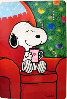 a painting of a snoopy dog holding a coffee cup