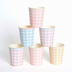 pastel gingham partyware by meri meri mm 218593 2 Gingham Party, Easter Cups, Pastel Gingham, Orange Party, Party Themes For Boys, First Birthday Party Themes, Meri Meri, Blue Coral, Eco Friendly Paper