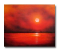 a painting of the sun setting over water with red clouds in the sky above it