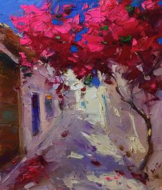 an oil painting of a street with red flowers on the trees and houses in the background