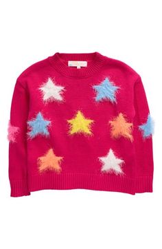 Fluffy stars texture this cute and cozy sweater that brings a fun pop of color to your kid's wardrobe. 40% viscose, 40% polyamide, 20% polyester Hand wash, dry flat Imported Star Light, Kids Wardrobe, Light Sweater, Cozy Sweater, Mini Boden, Cozy Sweaters, Girl Top, In Hot, Size Clothing