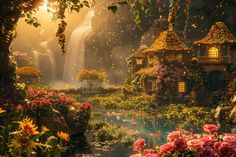 an image of a beautiful garden with flowers in the foreground and waterfall in the background