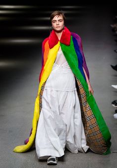 Model and awesome human Cara Delevingne Returns to the Runway for Burberry’s Tribute to LGBTQ Youth #caradelevingne #burberry #fashion Burberry Fashion, Fashion Terminology, Pride Fashion, Rainbow Fashion, Pride Outfit, Androgynous Fashion, Rainbow Dress, Futuristic Fashion