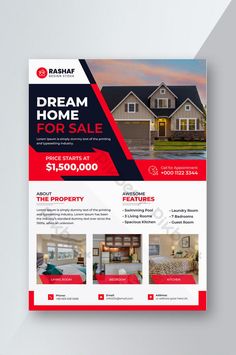 a real estate flyer is shown in red, white and black with the words dream home for sale on it