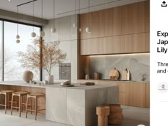 an image of a modern kitchen with wood cabinets and marble counter tops that are open to the outdoors