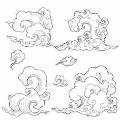 clouds in the sky with different shapes and sizes, each one drawn by hand on white paper