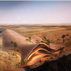 an aerial view of a building in the middle of desert with palm trees around it