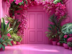 a pink door surrounded by potted plants and flowers