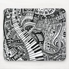 a black and white drawing of an abstract piano keyboard mouse pad with music notes on it