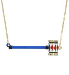 a blue and red necklace on a gold chain