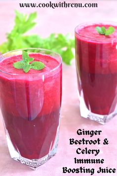 Ginger, Beetroot & Celery Juice served in 2 glasses with a garnish of mint. Seen in the background is some celery leaves Immune Boosting Juice, Healthy Breakfast On The Go, Nutritious Smoothies, Healthy Breakfast Recipes Easy, Beverage Recipes, Celery Juice, Harvest Recipes, Healthy Sugar