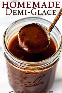 a spoon full of homemade demi - glace with text overlay that reads, how to make homemade demi - glace