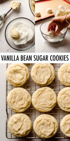 vanilla bean sugar cookies cooling on a wire rack and being frosted with icing