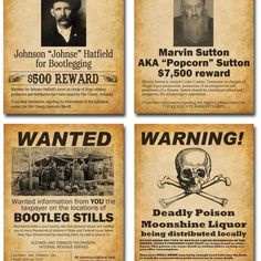 four wanted posters with skulls and crossbones on them, all in different styles