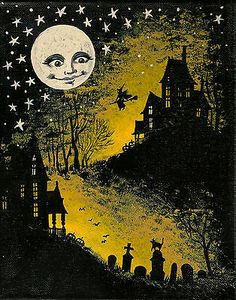 an image of a halloween scene with the moon in the sky and houses on it