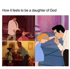 two pictures with the same cartoon character in different scenes, one is being hugged by an older man