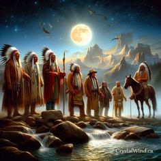 a group of native americans standing next to each other on top of a river under a full moon