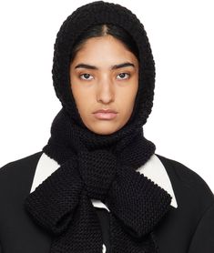 Textured knit and purl knit acrylic- and wool-blend beanie in black. Self-tie scarf-style fastening. Available exclusively at SSENSE. Supplier color: Black Winter Black Knitted Bonnet, Black Knitted Winter Bonnet, Winter Knitted Black Bonnet, Casual Black Wool Scarf, Warm Black Scarves For Cold Weather, Warm Black Winter Scarf, Black Wool Scarves For Cold Weather, Black Scarves For Cold Weather, One Size, Black Knitted Scarves For Winter