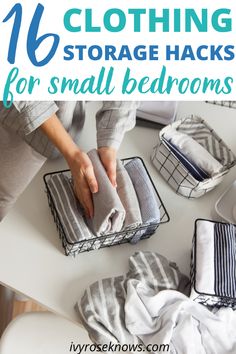 a person cleaning clothes on top of a table with text overlay that reads, 16 clothing storage hacks for small bathrooms