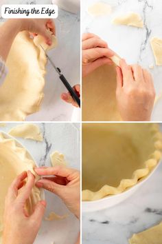 four pictures showing how to make pie crusts in the shape of an egg shell