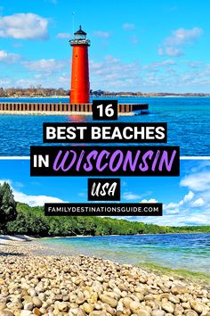 the beach and lighthouse with text overlay that says best beaches in wisconsin us?