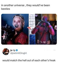 if only these two met... (NOT MiNE: all credits to original owner) Movie Nerd Aesthetic, Harley Quinn And Deadpool, Mcu Couples, Superhero Aesthetic, Marvel Collection, Best Superhero, Dc Memes, Dc Movies, Deadpool Wolverine