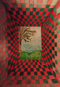 a drawing of a tree in a red, green and black checkerboard pattern