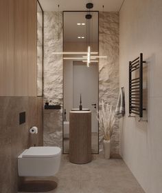 a modern bathroom with stone walls and flooring