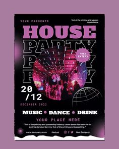 a flyer for a house party with people dancing on the dance floor and disco ball in the background