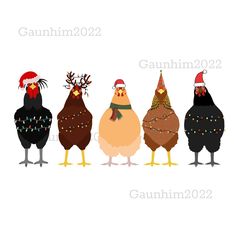 four chickens wearing christmas hats and scarves are lined up against a white background with the words gaumin202 on it