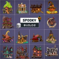 the spooky buildings are all different colors and sizes