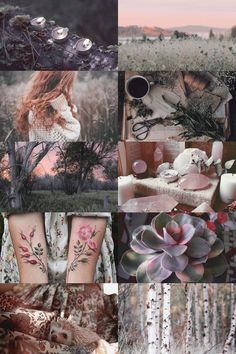 a collage of photos with flowers, candles and plants in the foregrounds