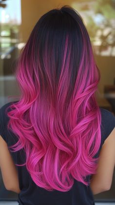 Style your hair with magenta pink ombre for a vibrant contrast with tan skin. Visit our page for tips on achieving this stunning color. Save this pin for ombre inspiration! Tags: #MagentaPinkOmbre #HairColor #TanSkin Ombre Hair Color Vivid, Pink And Purple Ombré Hair, Multi Color Ombre Hair, Black Pink Ombre Hair, Colored Ombre Hair For Brunettes, Fun Winter Hair Colors, Magenta Hair Ombre, Brown Hair With Vivid Color, Fusha Hair