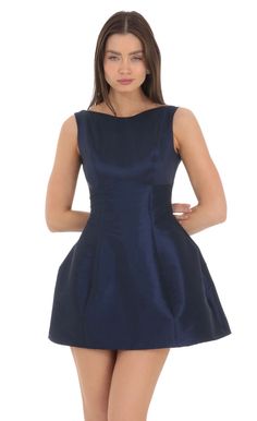 High Neck Open Back Flare Dress in Navy Dress Semi Formal, Wide Leg Pants Jeans, Upf Clothing, Dresses Date Night, Taffeta Fabric, Casual Day Dresses, Straight Dress, Junior Bridesmaid Dresses, Date Night Dresses