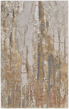 an abstract painting with gold and grey colors on the wall, including trees in the background