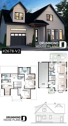 two story house plan with three car garages and an open floor plan for the second level