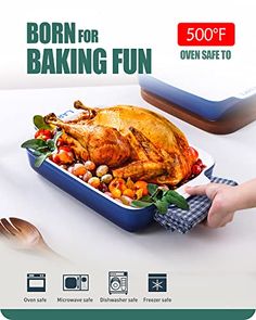 a person holding a tray with a turkey in it and the words, born for baking fun oven safe to