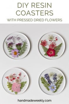 four plates with flowers on them and the words diy resinin coasters