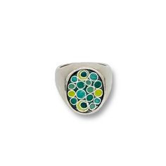 Silver & Enamel Ring - This sterling silver signet ring was hand-carved in wax then cast in sterling silver; the circles were created using the cloisonne technique then enameled and kiln-fired multiple times to achieve the desired result. This one-of-a-kind ring is a size 6.25 Cloissone Enamels, Silver Signet Ring, Artful Home, Circle Ring, Enamel Ring, Silver Enamel, Signet Ring, Kiln, Circles