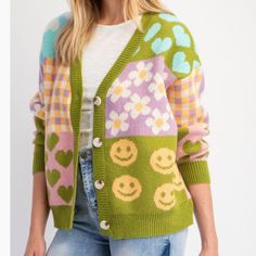 Clouds, Flowers, Hearts And Smiley Faces All In This Cute Colorful Cardigan Sweater. Long Sleeve And Button Front. 100% Polyester. Playful Green Outerwear For Spring, Colorful Cozy Cardigan One Size, Cute Multicolor Long Sleeve Cardigan, Smiley Face Cardigan, Colorful Cozy One-size Cardigan, Pastel Rainbow Cardigan, Queer Outfits, Cardigan Colorful, Colorful Cardigan