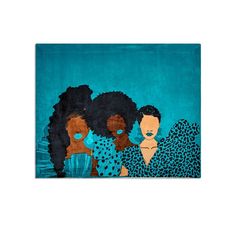 three black women with blue eyes are standing in front of a turquoise background and one is wearing