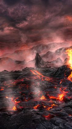 the lava is glowing red and orange as it moves through the sky with dark clouds