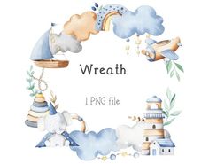 a watercolor wreath with animals and clouds