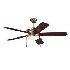 a ceiling fan with two blades and a light on it's side, against a white background