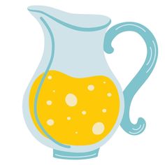 a blue and yellow pitcher filled with liquid